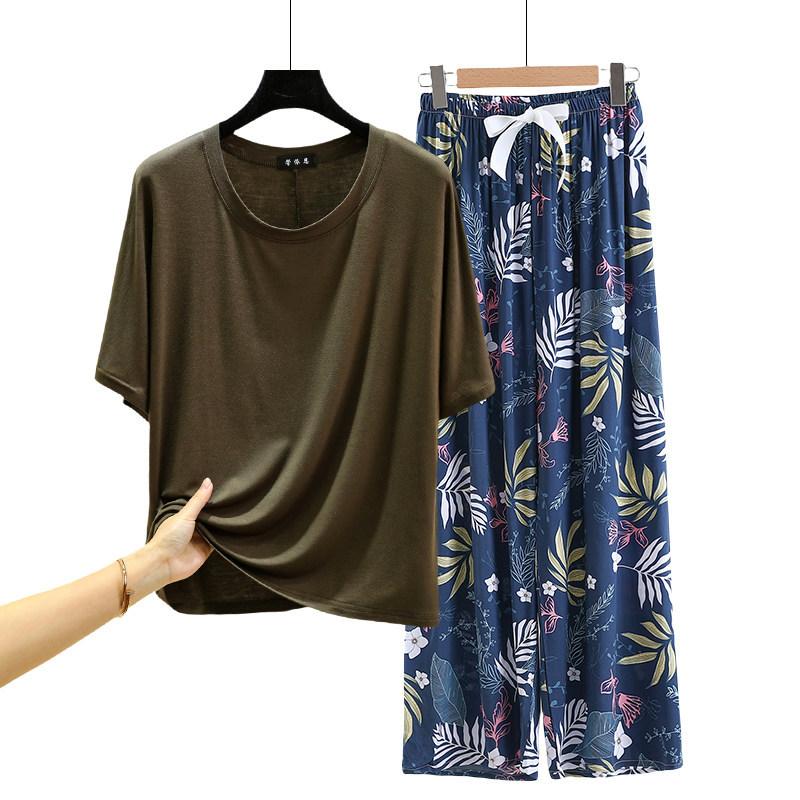 T-shirt girocollo in modal con pantaloni a gamba larga floreali in popeline Set pigiama estivo sottile Tuta casual larga per dormire Loungewear comodo tutto da abbinare
