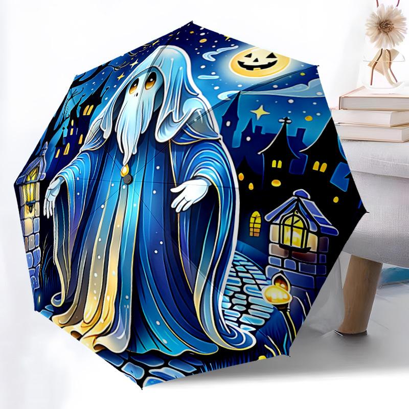 1ks Strašidelná noc Automatický skládací deštník - Design, Odolná železná konstrukce pro cestování, Venkovní použití, Plážový módní doplněk a0920013