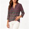 Women Floral Print Button Front Henley Shirt Three Quarter Sleeve Lightweight Linen Cotton Blend Blouse Casual Top