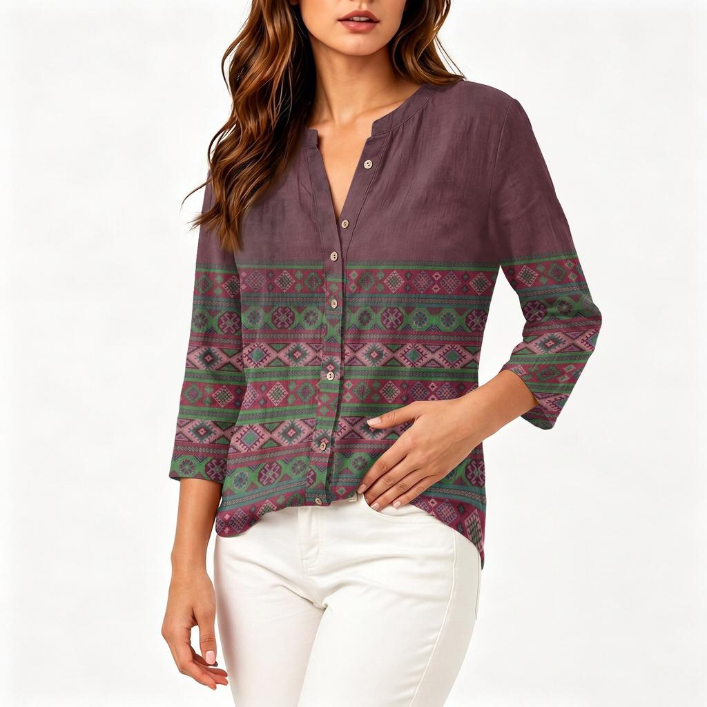 Women Floral Print Button Front Henley Shirt Three Quarter Sleeve Lightweight Linen Cotton Blend Blouse Casual Top