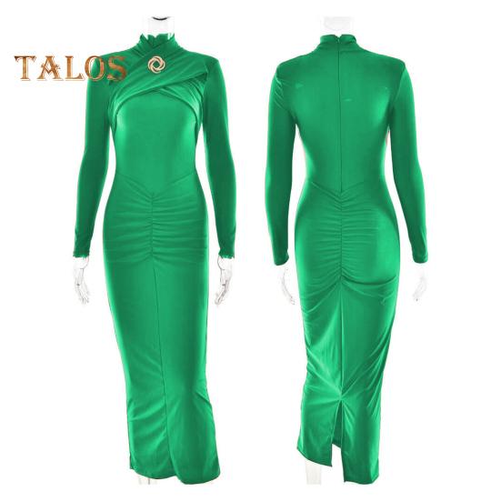 Women Evening Dress Hollow Out Bodycon Metal Buckle Ruched Elastic Pure Color Midi Dress Long Sleeve Prom Party Dress