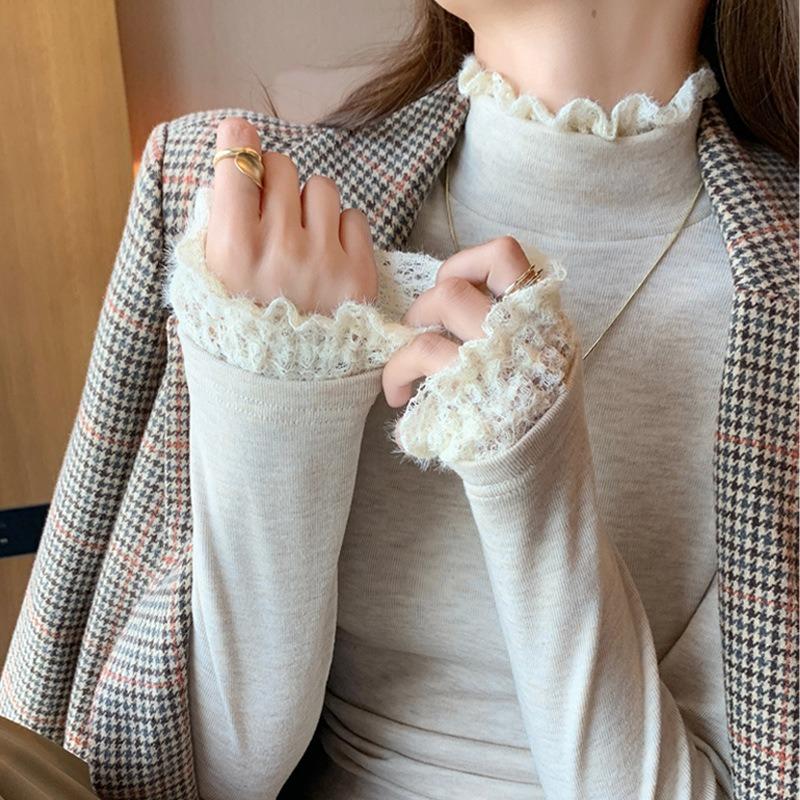 Lace splicing semi-turtleneck bottoming shirt women's autumn and winter threaded sweater lace knitted sweater inner top