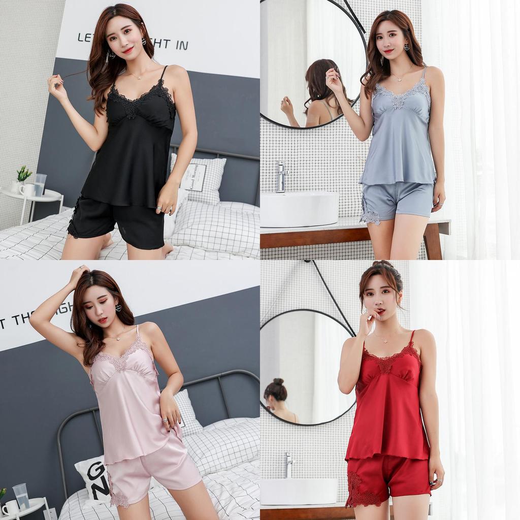 Kadınlar İçin Yazlık Lounge ve Uyku İçin Göğüs Pedli İpek Dantelli Pijama Takımı