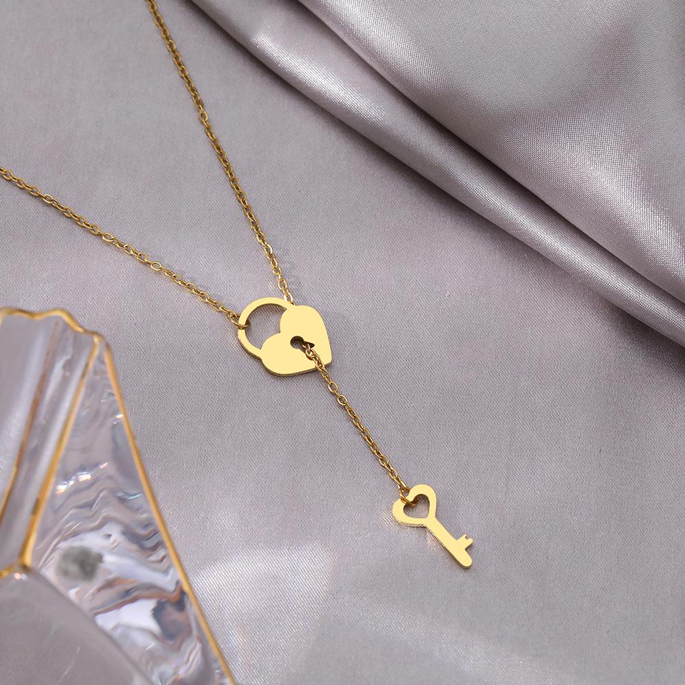 Stainless Steel Necklaces Trendy Fine Heart Lock Key Independent Pendants Fashion Chains Choker Necklace For Women Zircon Gifts