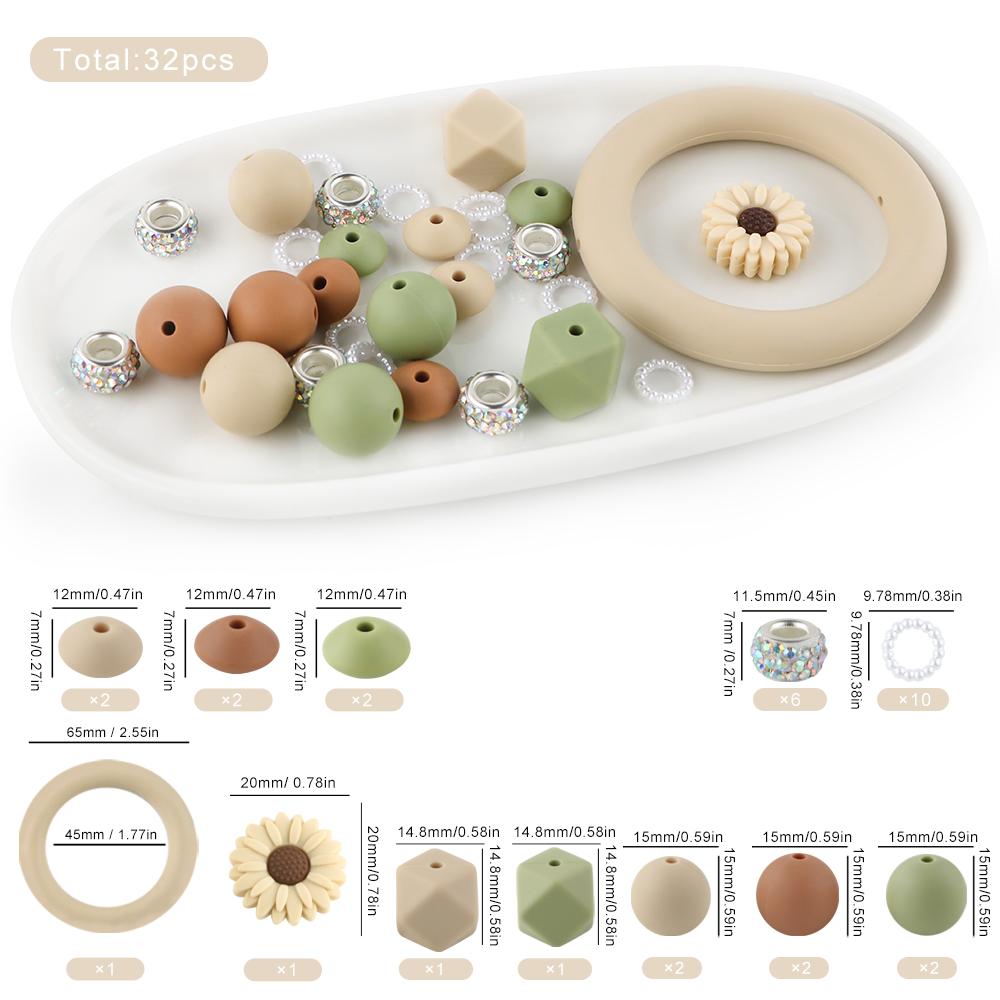 32Pcs/set Mixed Style Silicone Bead Kit Round Silicone Ring Focal Bead DIY KeyChain Bracelet Necklace Jewelry Accessories