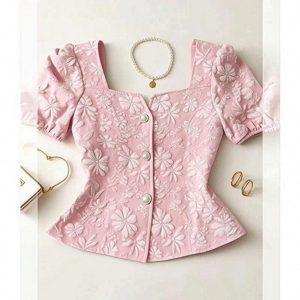 Elegant Summer Embroidered Floral Pattern Blouse With Square Neck And Puff Sleeve For Women