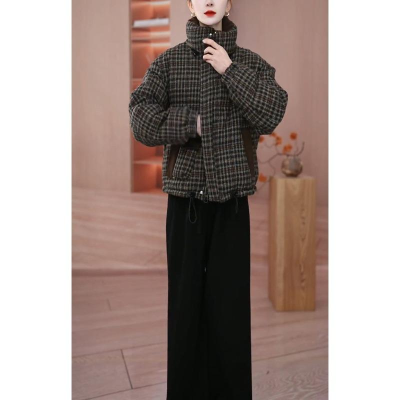 Thickened Warm Winter Plaid Cotton Jacket for Women Loose Casual Slimming Versatile Basic Outerwear Padded Coat