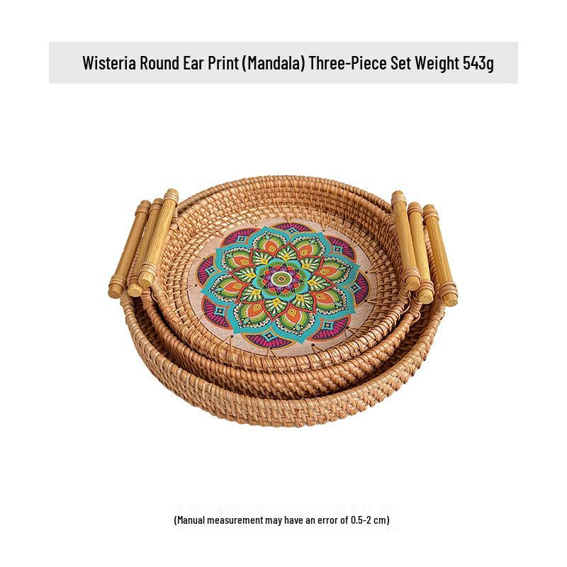 Nordische Handgefertigte Rattan Gewebte Florale Print Runde Griff Frühstückstablett