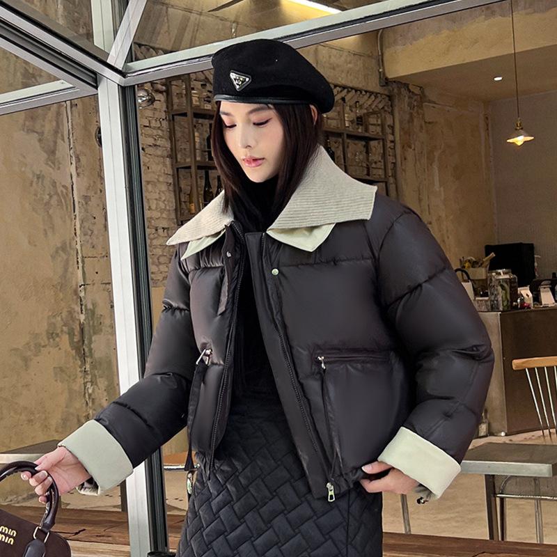 Knitted Lapel Short Down Cotton-padded Jacket for Women's Winter Thickened Leather Splicing Cotton-padded Jacket