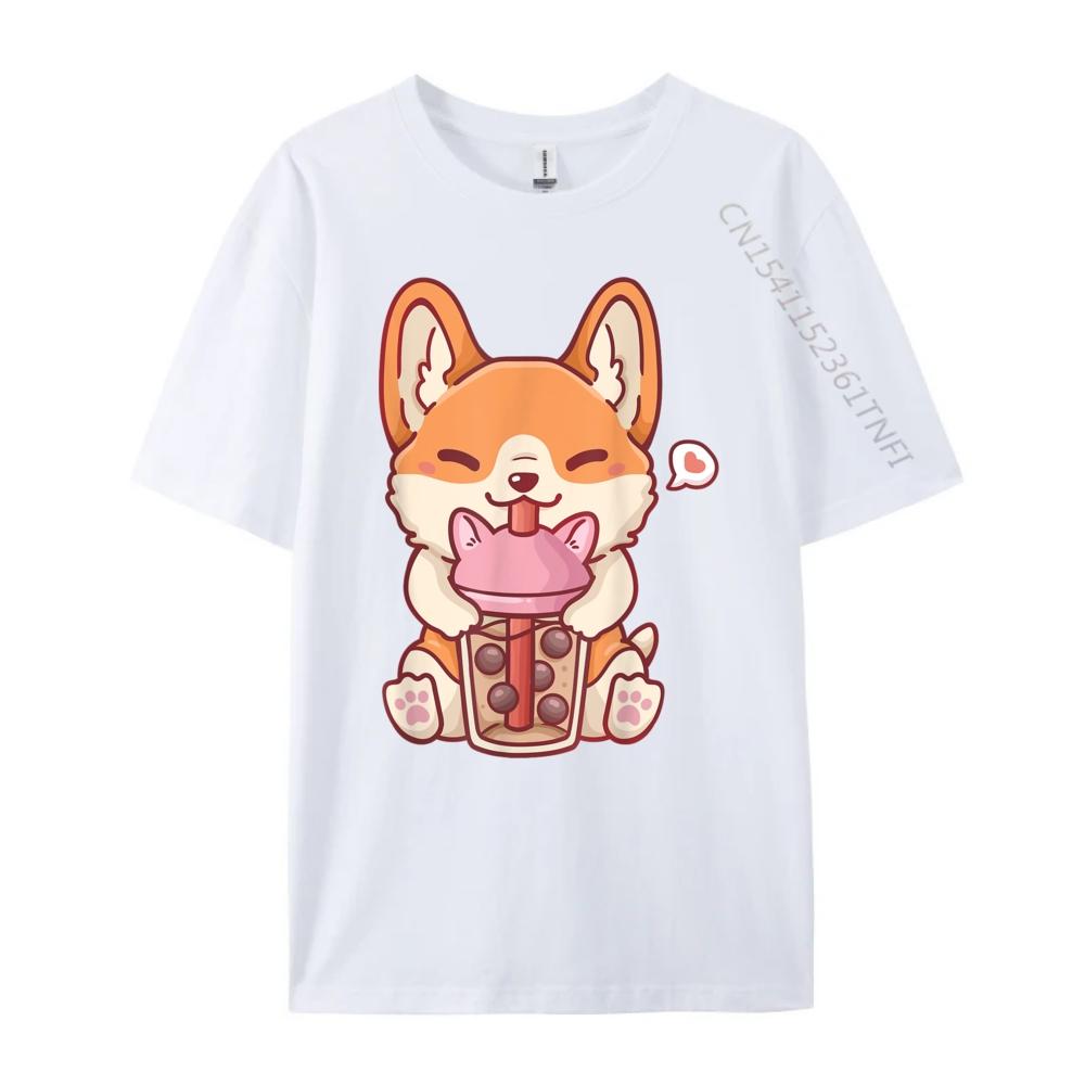 Corgi Boba Tea Bubble Tea Kawaii Corgi Anime Mens Graphic Tshirts TShirts England Style