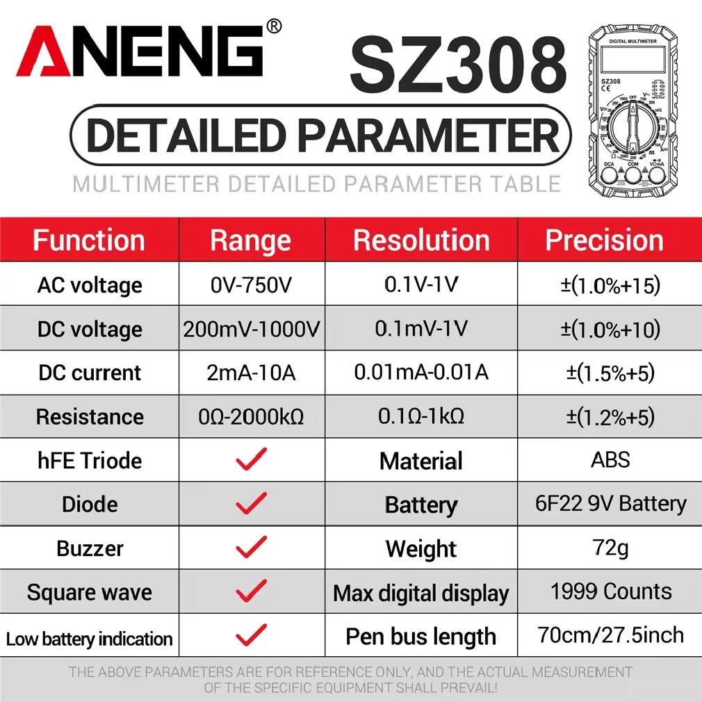 ANENG SZ308 Square Wave Digital Tester 1999 Counts HFE Triode Buzzer Multimeter AC/DC Voltage 10A Current Multimeters Meter Tool 6