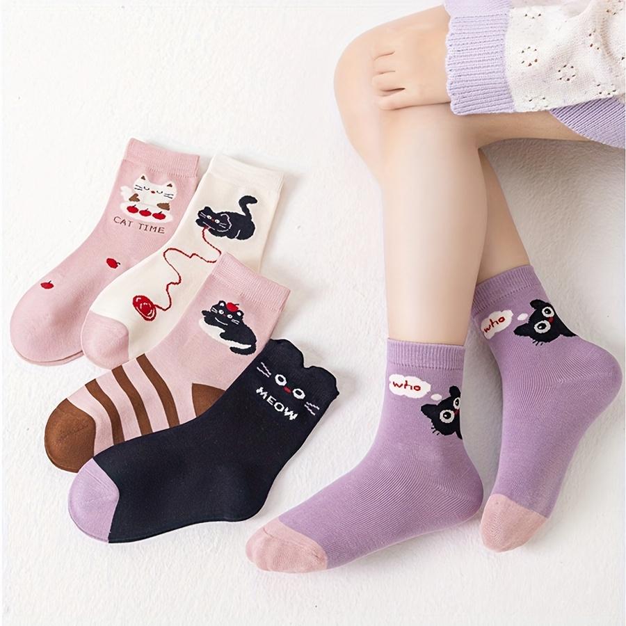 5 Pairs of Kidsren's Socks Cartoon Cute Kitten Stripesd Pattern All Year Round Baby Boy and Girl Matching Cat Mid-Calf Socks Suitable for Daily Life