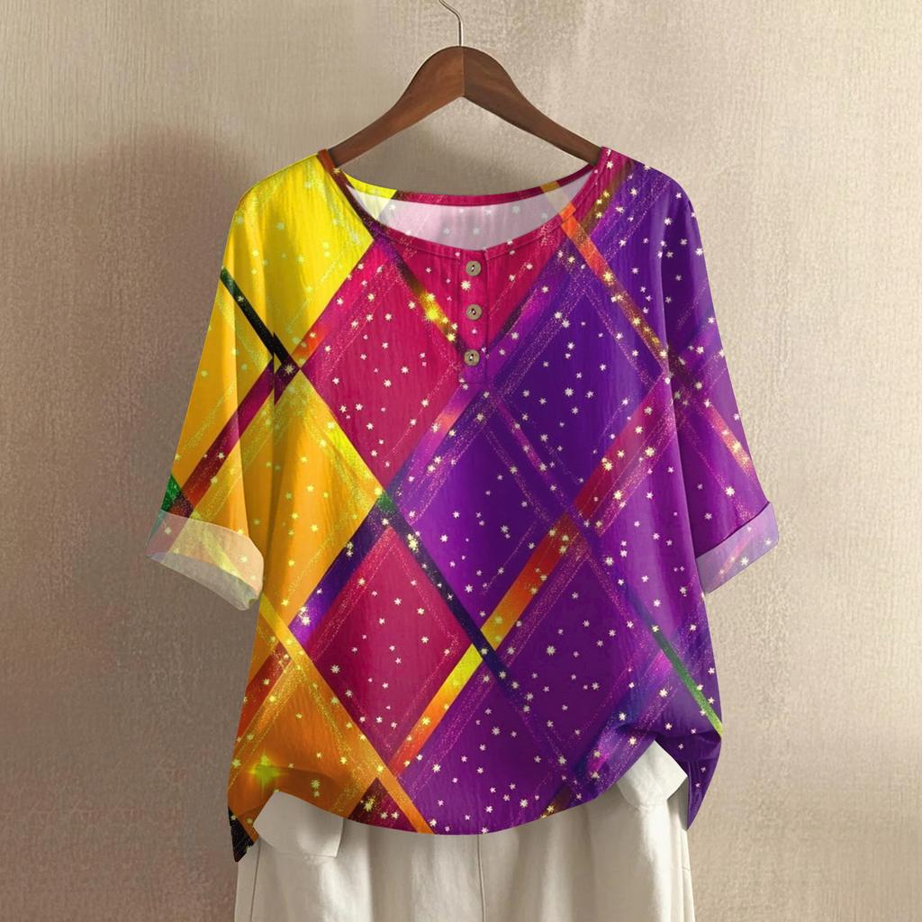 Women's Fashionable And Casual Shirt Half-sleeve Round Neck Cotton And Linen Blouse Top
