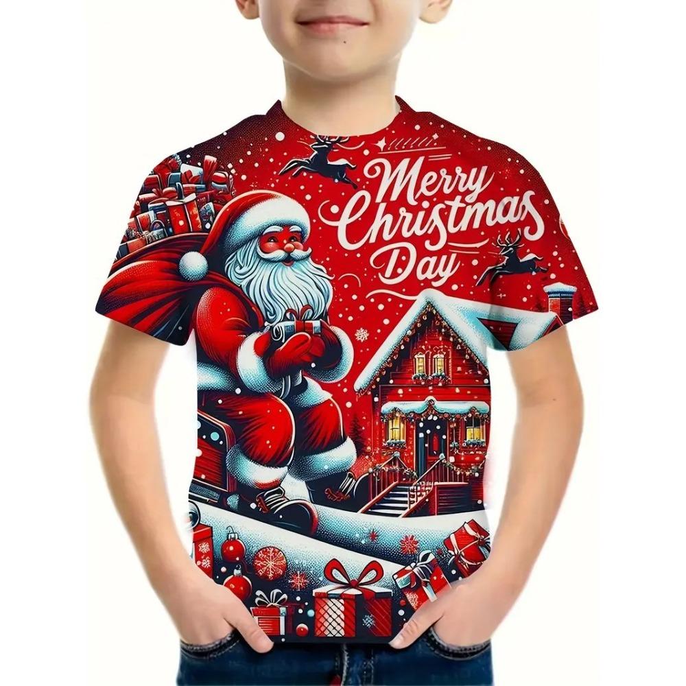 Children's Christmas Series 3D Digital Printed Boys' Fashion and Casual Round Neck Short Sleeved T-shirt