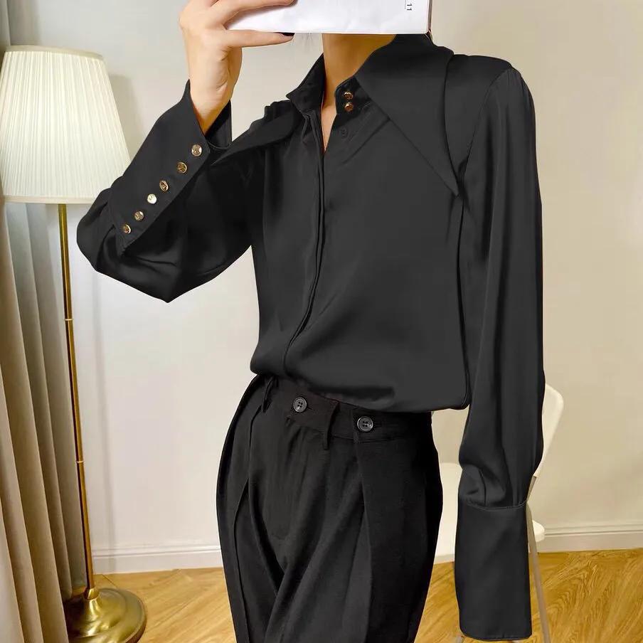 Stylish Elegant Turn Down Collar White Long Sleeve Satin Shirts Fashion Woman Vintage Blouse Office Lady Tops