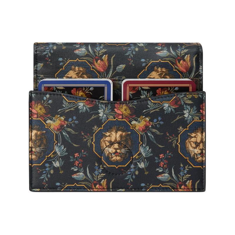 Gucci Gold tone double G accessories lion head pattern crocodile leather playing card set storage bag men and women same style couple model black