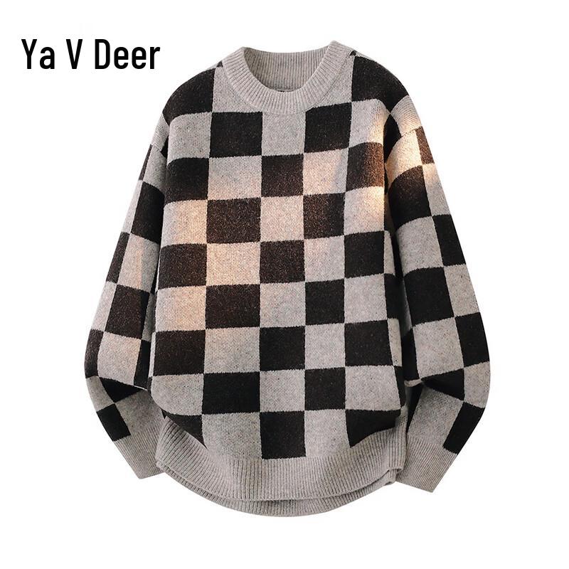 Yalu Men s Plaid Round Neck Sweater 3XL