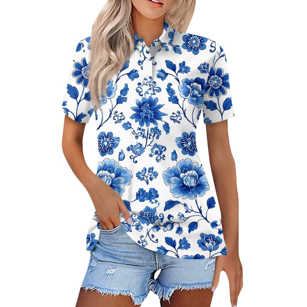 Damenmode Casual Revers Kurzarm Bedrucktes Hemd Damen Button Up Tops