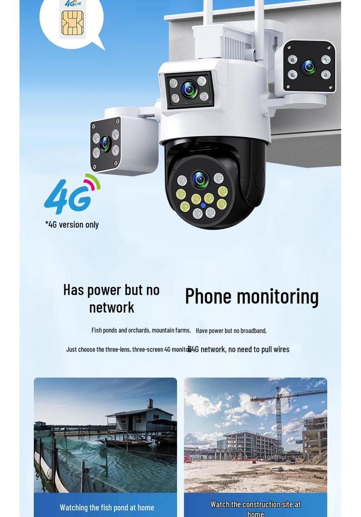 4G Rotating Surveillance Camera with Three Lenses, 360° Panoramic View, No Recharge Needed, Waterproof & Remote Access