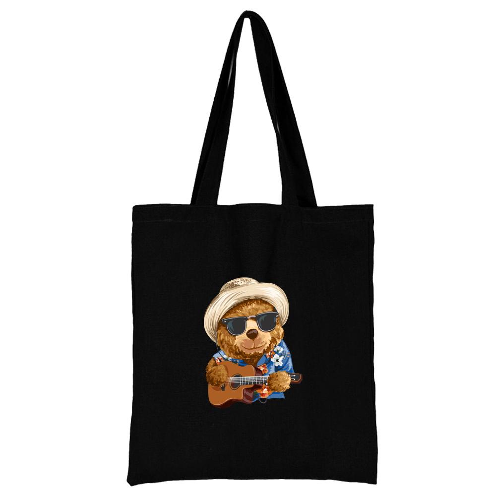 Summer New Teddy Bear Series Canvas Tote Bag Harajuku Style Black Printing High Capacity Shoulder Bag Fashion Shopping Bags