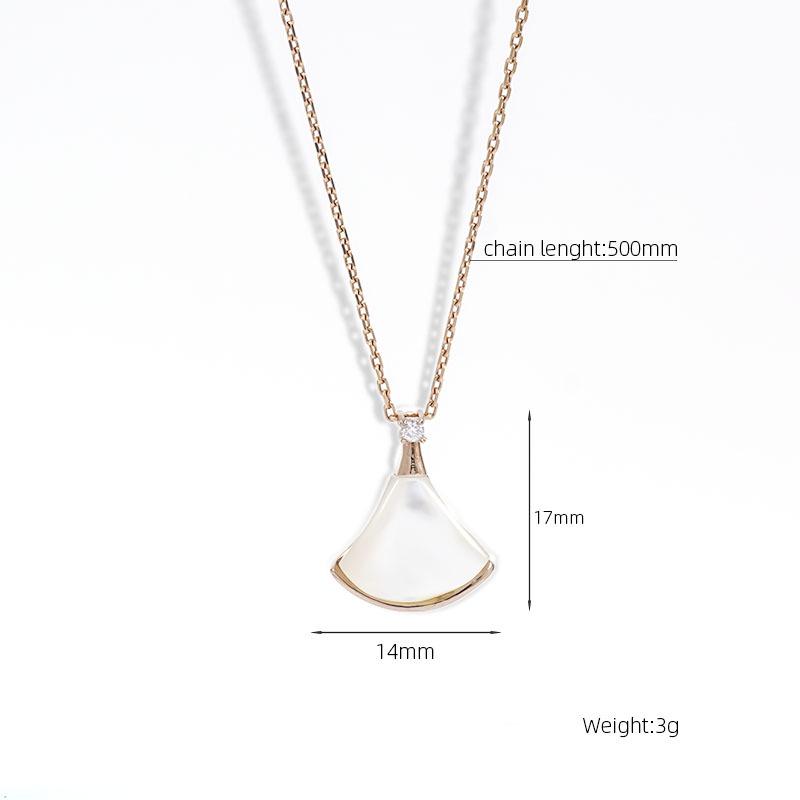 18K Gold Dress Necklace: Mother-of-Pearl & Rose Gold Fan-Shaped Chalcedony Pendant with Red Heart On Clavicle Chain