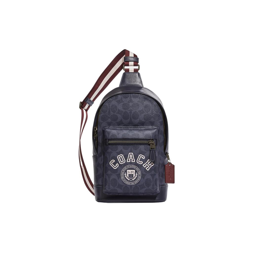 Coach West 20 Varsity Pattern Print Zipper Closure Coated Canvas And Calfskin Shoulder Bag Crossbody Bag Chest Bag Small Men bags CB913-QBOIZ