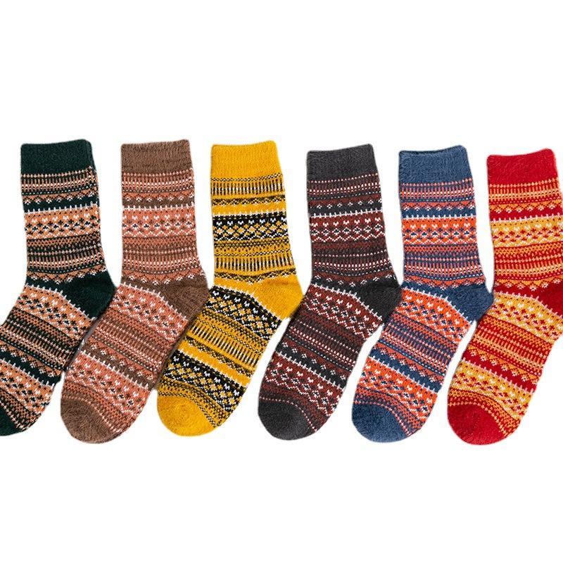 3 Perechi de Șosete Dama până la Mijlocul Gambei în Stil Etnic, Șosete Groase din Imitație de Lână de Nurcă și Lână Caldă de Iepure