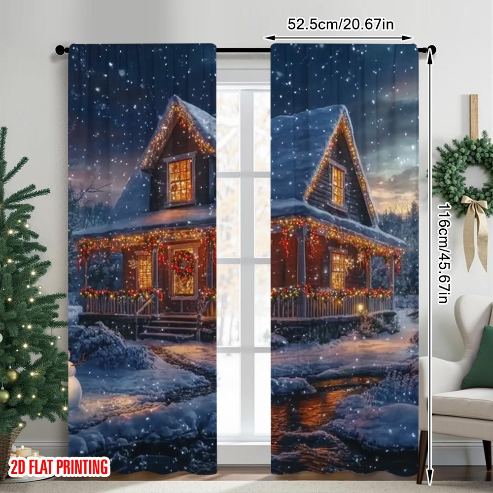 2pcs 2D flat printing Merry Christmas Curtain Christmas Lodge with Snowman Scenery Versatile 100% Polyester Without Electricity