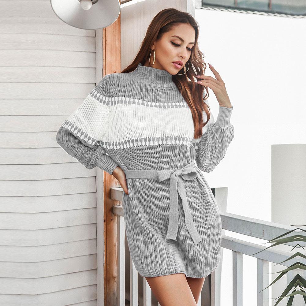 Spring Fall Patchwork Above Knee Mini Knitting Sweater Dress Women Casual Straight Half High Collar Full Lantern Sleeve Loose Waist Bandage S-XL