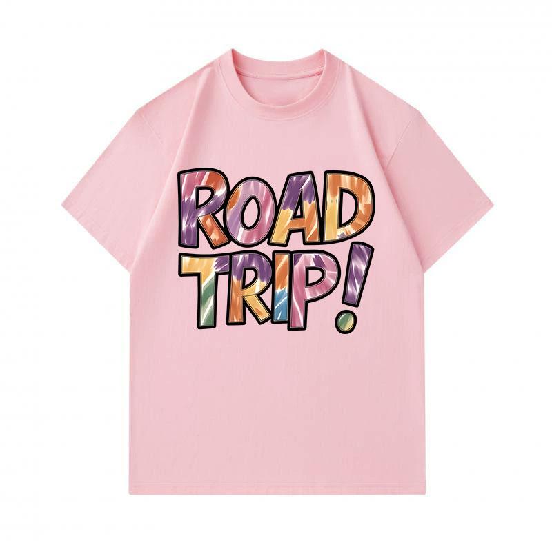 Men's 100% Cotton Crew Neck Short Sleeve T-Shirt, Fun Road Trip! Slogan Print Casual Summer Tee, Comfortable Breathable Daily Wear Top for Travel Holi