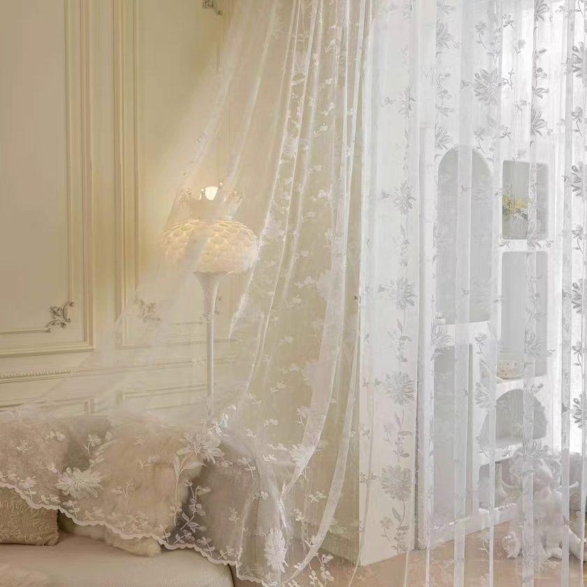 1pc Bohemian Sheer Lace Yarn Curtain Panel with Floral Patterns – Elegant Rod Pocket Window Drapery for Living Room or Bedroom