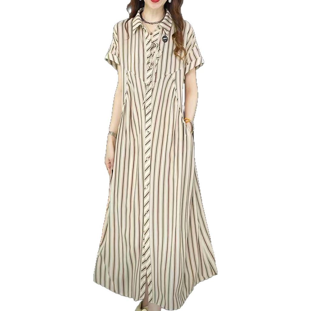 Summer Stripe Short Sleeve Dress: Stylish, Loose Fit, Slimming Long Skirt
