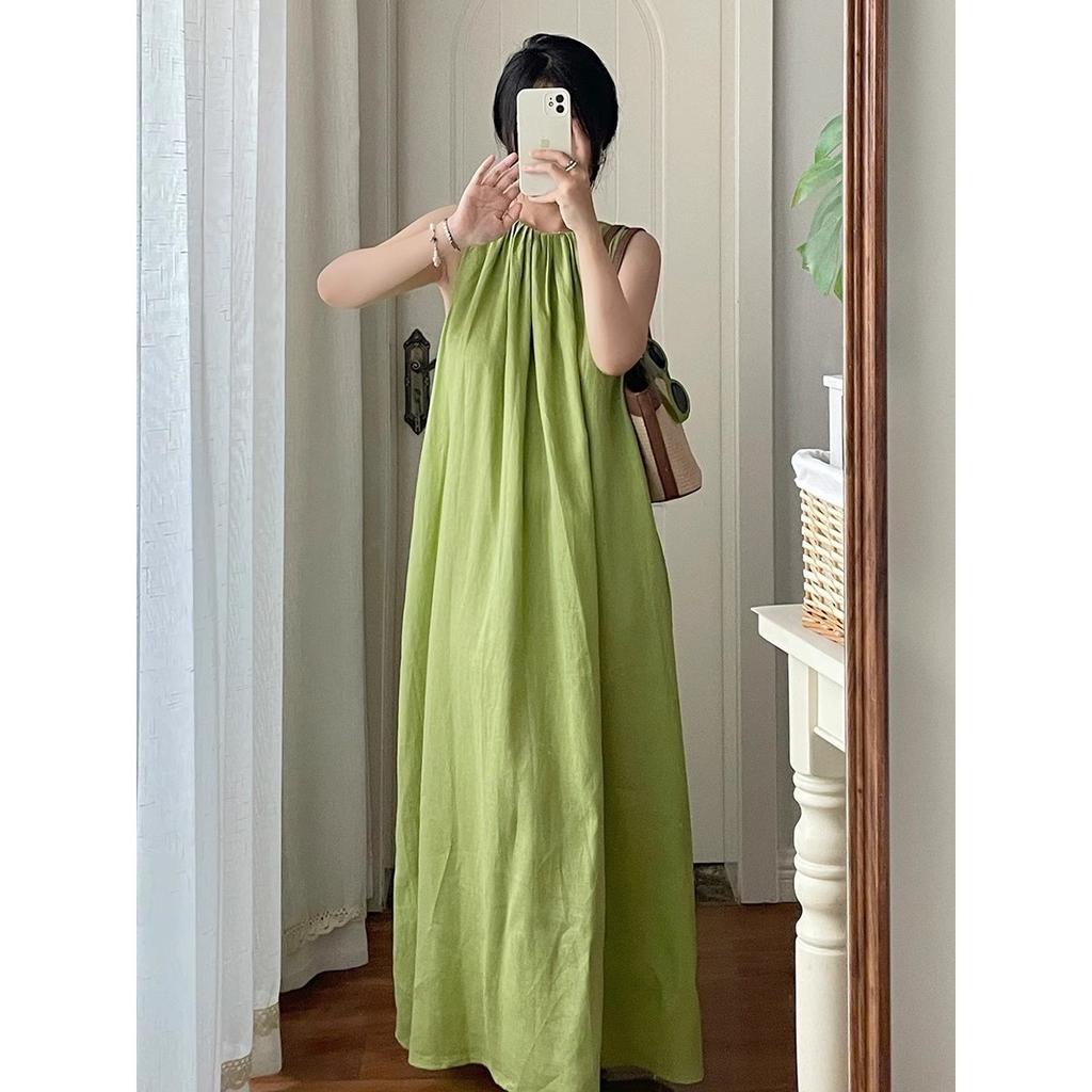 Holiday style lemon green sleeveless vest dress women's summer new tailoring craft romantic girl medium and long dress