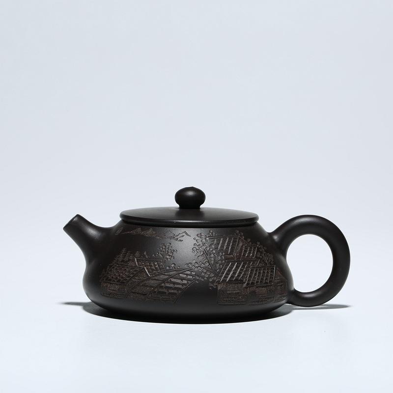 

Горшок из фиолетовой глины Исин, оригинальная глиняная посуда из черной глины, резной каменный ковш, чайный сервиз ручной работы в китайском стиле «Кунг-фу», 120 мл