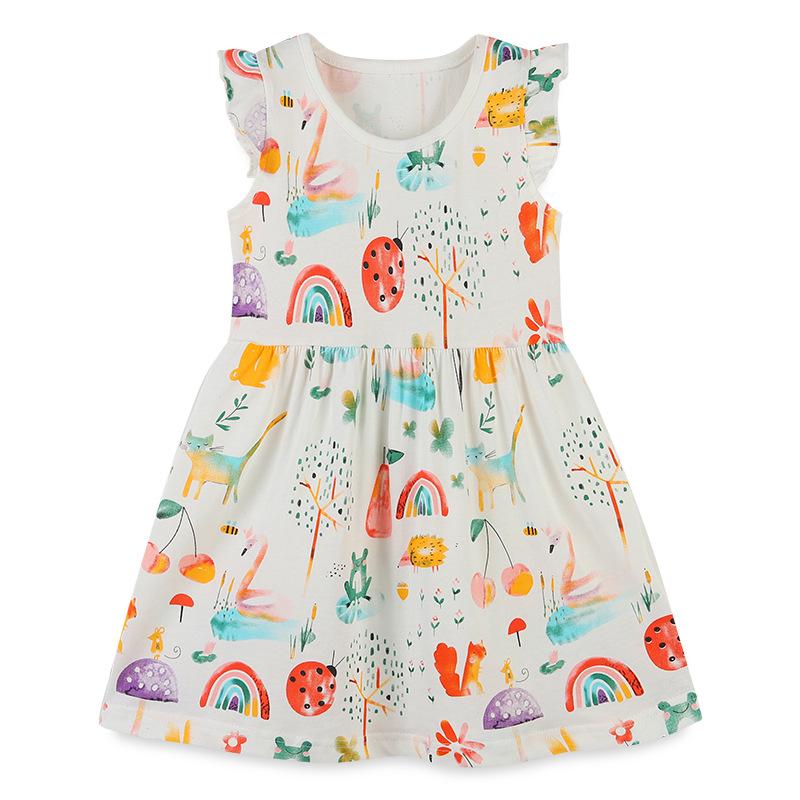 European Style Cartoon Print Girls Short Sleeve Knit Cotton Dress 2Y