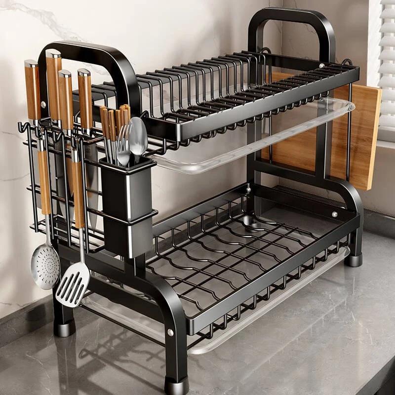 2 Tier Dish Drying Rack Compact Kitchen Dish Rack Rust-Proof Carbon Steel Dish Drainer Drainboard Tableware Water Filter Rack