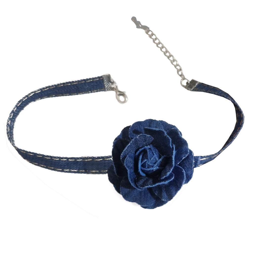 Wide Denim Flower Chokers Necklaces for Women Blue Big Flower Collar Necklace Fashion Jewelry for Womens Girls Gifts