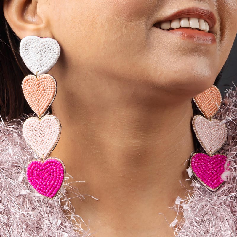 

Handmade Pink Heart Seed Bead Earrings: Boho Valen...