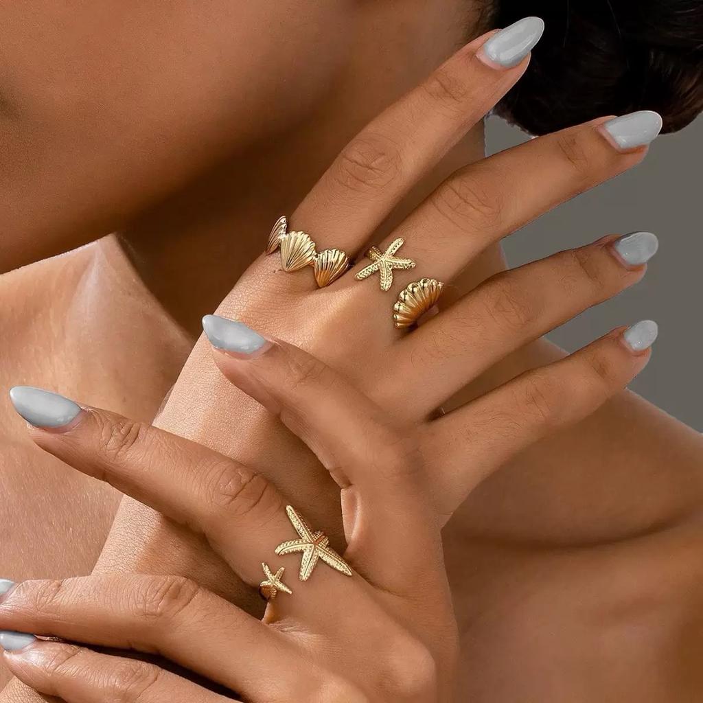 Ocean Wind Shell Ring Starfish Opening Adjustable Ring Set Niche Fashion Vacation