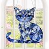 Cat  Sun Catcher Ornament Acrylic Blue-white Stained Glass Window Hanging for Indoor/Outdoor Decor Garden Room Gift for Friends