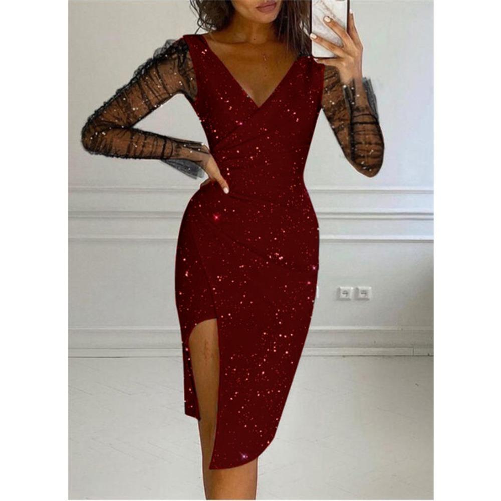 Women's V Neck Mesh Long Sleeve Glitter Bodycon Midi Dress Sexy High Slit Evening Party Cocktail Dresses