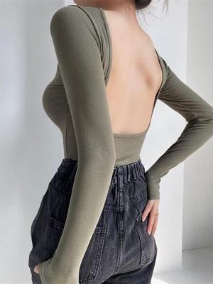 One-Shoulder Waist-Cinch Open-Back Long-Sleeve Bodysuit for Women