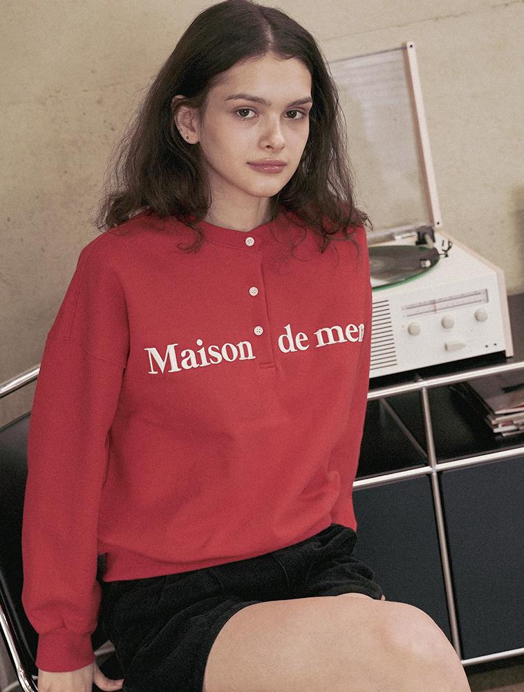 LA MAISON STUDIO Women'S Crop Classic Logo Embossed Embroidery Heavy Terry Henley Neck Red (Fcd3Ts708W)