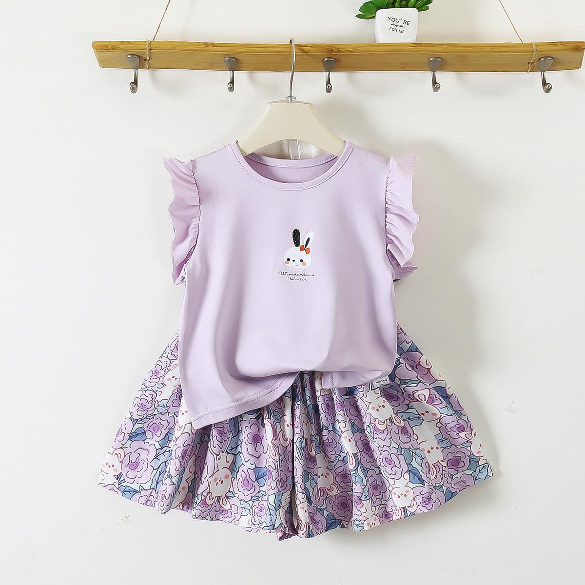 Girls Summer Floral Flutter Sleeve T Shirt And Skort Set Kids Casual Two Piece Outfit 140cm