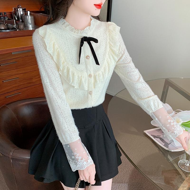 Winter Fashion New 2024 Long Sleeve Bow Ruffled Collar Ruffles Apricot Velvet Lace Blouse Shirt Women Tops Blouses Shirts J795