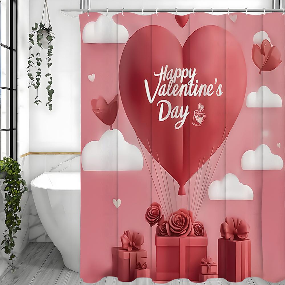 Happy Valentine's Day Red Heart Gift Shower Curtain, Bathroom Decorative Shower Curtain, Waterproof Shower Curtain with Hooks