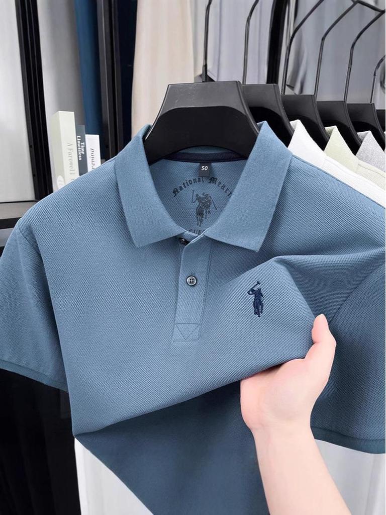 Men's Pony Logo Embroidered Cotton Polo Shirt - Short Sleeve, Turn-Down Collar, Casual Fit