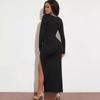 Women's Fall New Style Square Collar Long-length Sleeve Solid Color Slit Sexy Slim Dress