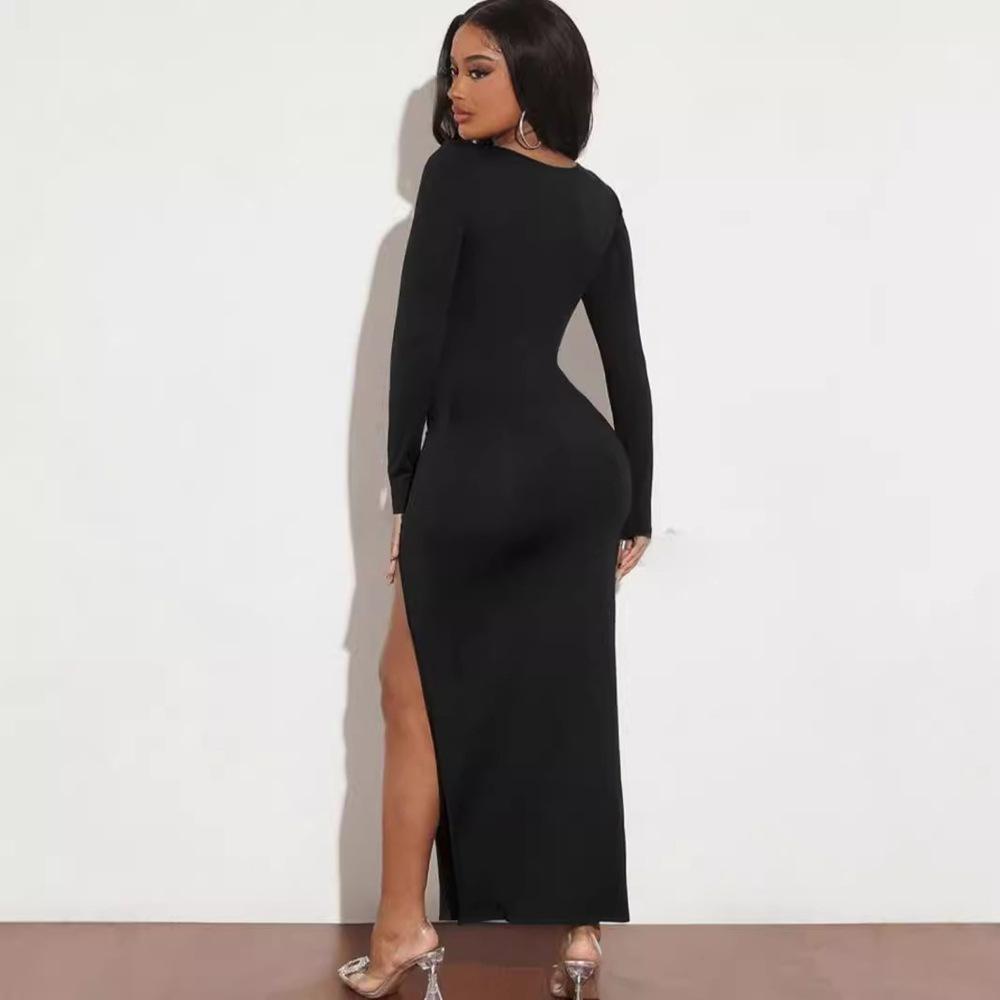 Women's Fall New Style Square Collar Long-length Sleeve Solid Color Slit Sexy Slim Dress