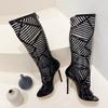 Fashion Liyke Summer Sexy Hollow Out Knee High Boots Sandals Women Solid Black Peep Toe Stiletto Heels Fashion After Zip Long Shoes Lady
